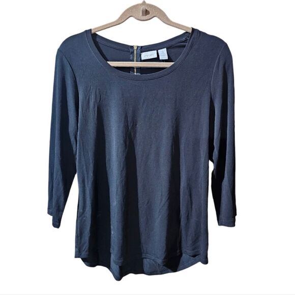 CHICO'S Black 3/4 Sleeve Back Zipper Hi Low Hem Top Shirt - Size 3 - Picture 1 of 8